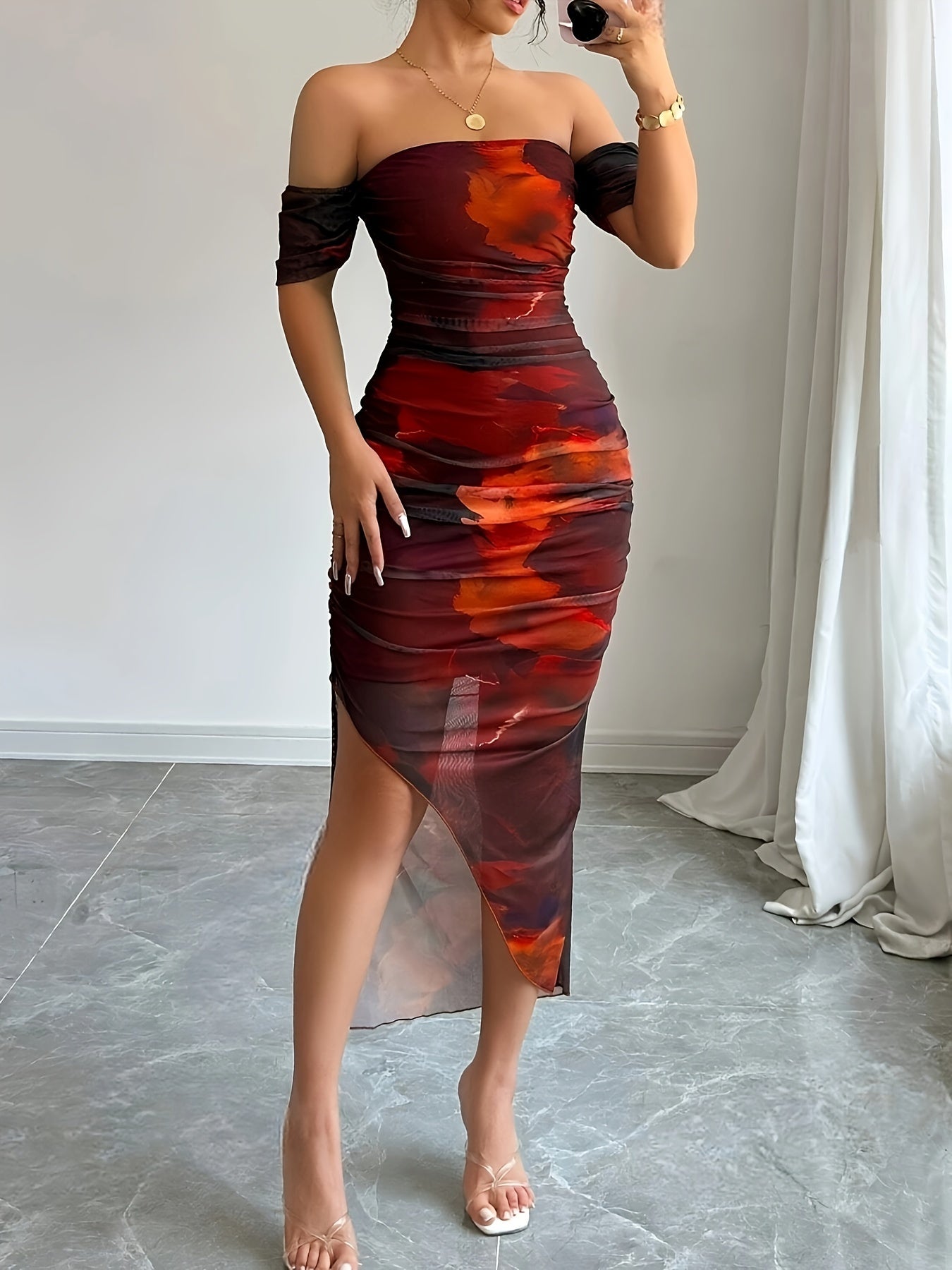 Stretchy Polyester Blend, Ruched Side Slit, Machine Washable, All-Season Bodycon for Women
